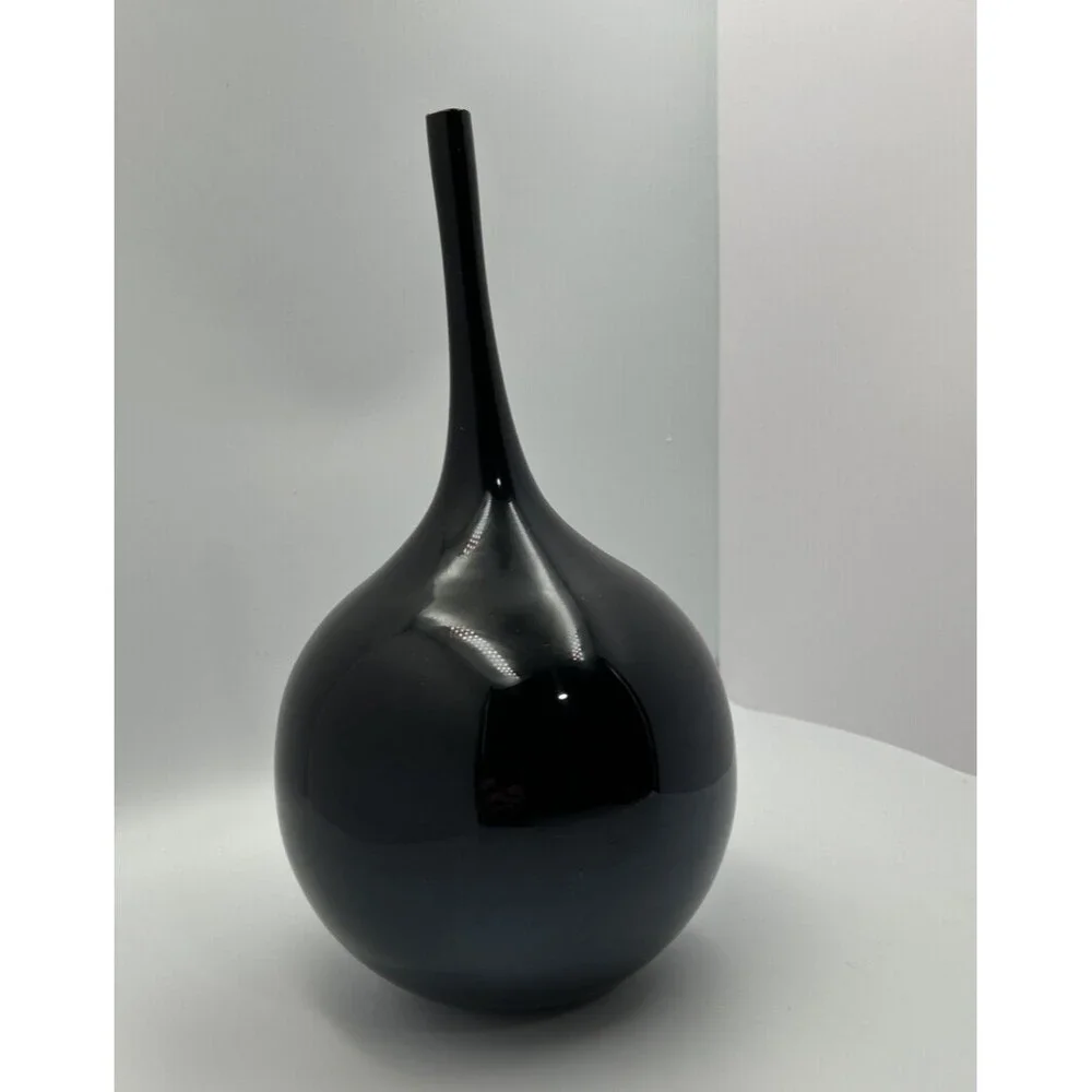 Black Art Glass Vase Long Neck Teardrop Modern MCM Style 12